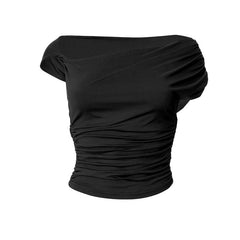 Short sleeve irregular ruched solid top