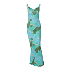 Backless cowl neck v neck contrast print cami maxi dress | red tango dress