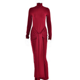 Ruched solid long sleeve turtle neck self tie maxi dress | red tango dress