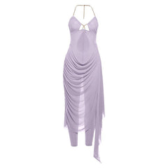 Metal chain halter ruched sheer mesh hollow out maxi dress | samba dress