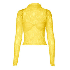 Long sleeve high neck lace see through ruched top