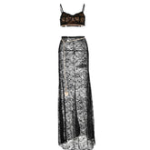 Lace see through v neck contrast cami maxi skirt set
