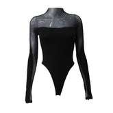 Long sleeve high neck mesh patchwork bodysuit