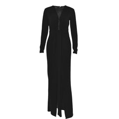 Long sleeve v neck ruched slit solid irregular maxi dress | red tango dress