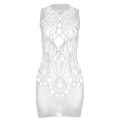 High neck hollow out fishnet solid cut out mini dress