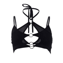 Mesh halter o ring solid hollow out backless patchwork crop cut out top