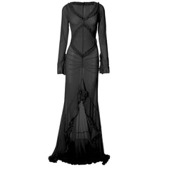 Long sleeve ruffle hollow out v neck sheer mesh cut out maxi dress | samba dress