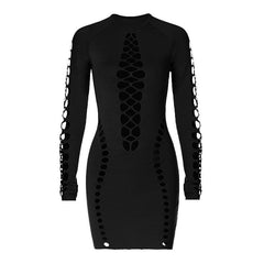Hollow out long sleeve solid crewneck mini dress | red tango dress