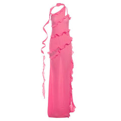 One shoulder ruffle irregular high slit maxi dress | red tango dress