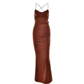 Satin solid lace up cross back v neck low cut maxi dress | black rave dress | black rave dress