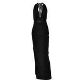 Halter deep v neck slit backless ruched maxi dress