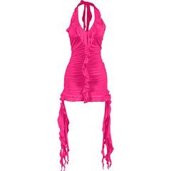 Self tie halter ruffle ruched v neck ribbon backless mini dress | red tango dress