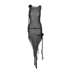 Ruffle sheer mesh see through flower applique ribbon sleeveless midi dress | red tango dress | samba dress