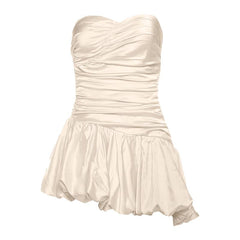 Ruched zip-up satin sweetheart neck backless mini dress