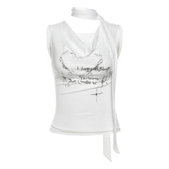 Cowl neck letter print sleeveless contrast crop top