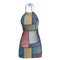 Self tie drawstring halter backless denim print contrast mini dress