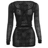 See through hollow out slit long sleeve mini skirt set