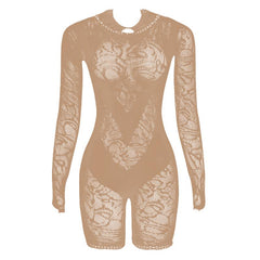 Long sleeve gloves see through fishnet romper