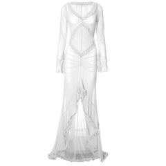 Long sleeve ruffle hollow out v neck sheer mesh cut out maxi dress | samba dress