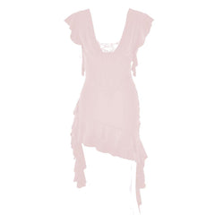 V neck ruffle irregular corset lace up mini dress | red tango dress