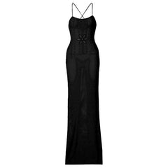 Knitted cross back see through cami maxi dress | black rave dress