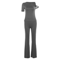 Short sleeve irregular crewneck solid pant set