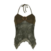 Ruched buckle print mesh ruffle cami top