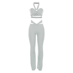 Halter hollow out ruched low rise crop pant set