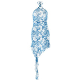 Halter ruffle tie dye irregular backless mini dress