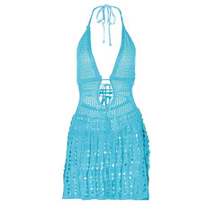 Halter knitted deep V neck see through mini dress