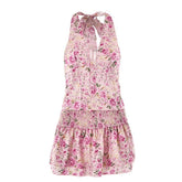 Halter smocked button flower print mini skirt set