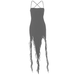 Ruffle cross back solid lace up cami maxi dress | black rave dress