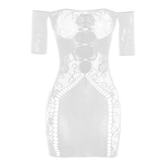 Short sleeve hollow out off shoulder fishnet cut out mini dress
