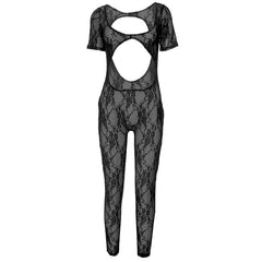 Short sleeve u neck see through lace jumpsuit