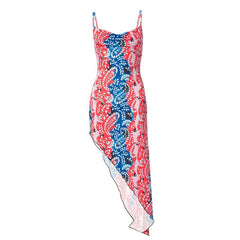 Irregular v neck backless contrast print cowl neck cami midi dress | red tango dress