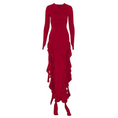 Long sleeve hoodie gloves ruffle maxi dress | red tango dress