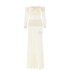 Long sleeve off shoulder sheer mesh maxi skirt set