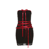 Lace up contrast lace hem bowknot backless tube mini dress
