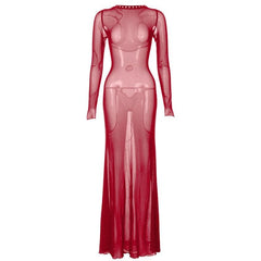 Long sleeve lace up sheer mesh see through maxi dress | red tango dress | samba dress