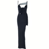 Irregular high slit ruched mesh hollow out cami maxi dress