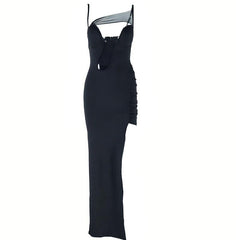 Irregular high slit ruched mesh hollow out cami maxi dress