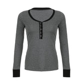 Button contrast stitch long sleeve v neck top