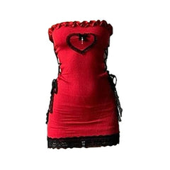Ruffle bowknot lace up lace hem heart pattern hollow out tube mini dress | red tango dress