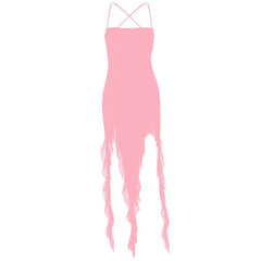 Ruffle cross back solid lace up cami maxi dress | black rave dress