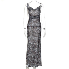 Leopard print cowl neck high slit backless cami maxi dress