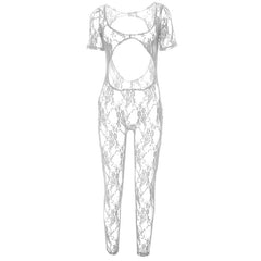 Short sleeve u neck see through lace jumpsuit