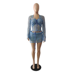 Glitter knitted long sleeve hollow out 3 piece mini skirt set
