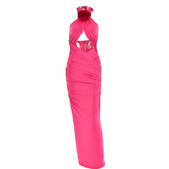 Ruched halter flower applique hollow out cross front contrast maxi dress | red tango dress | black rave dress