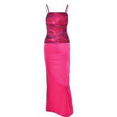 Ruched flower print zip-up square neck contrast slit maxi dress | red tango dress