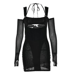 Gloves mesh corset off shoulder hollow out long sleeve halter mini dress | red tango dress